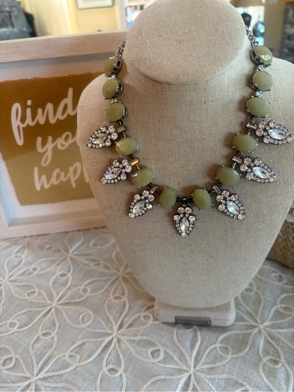 Lia Sophia Olive Green Crystal Statement Bib Necklace Gunmetal 16”